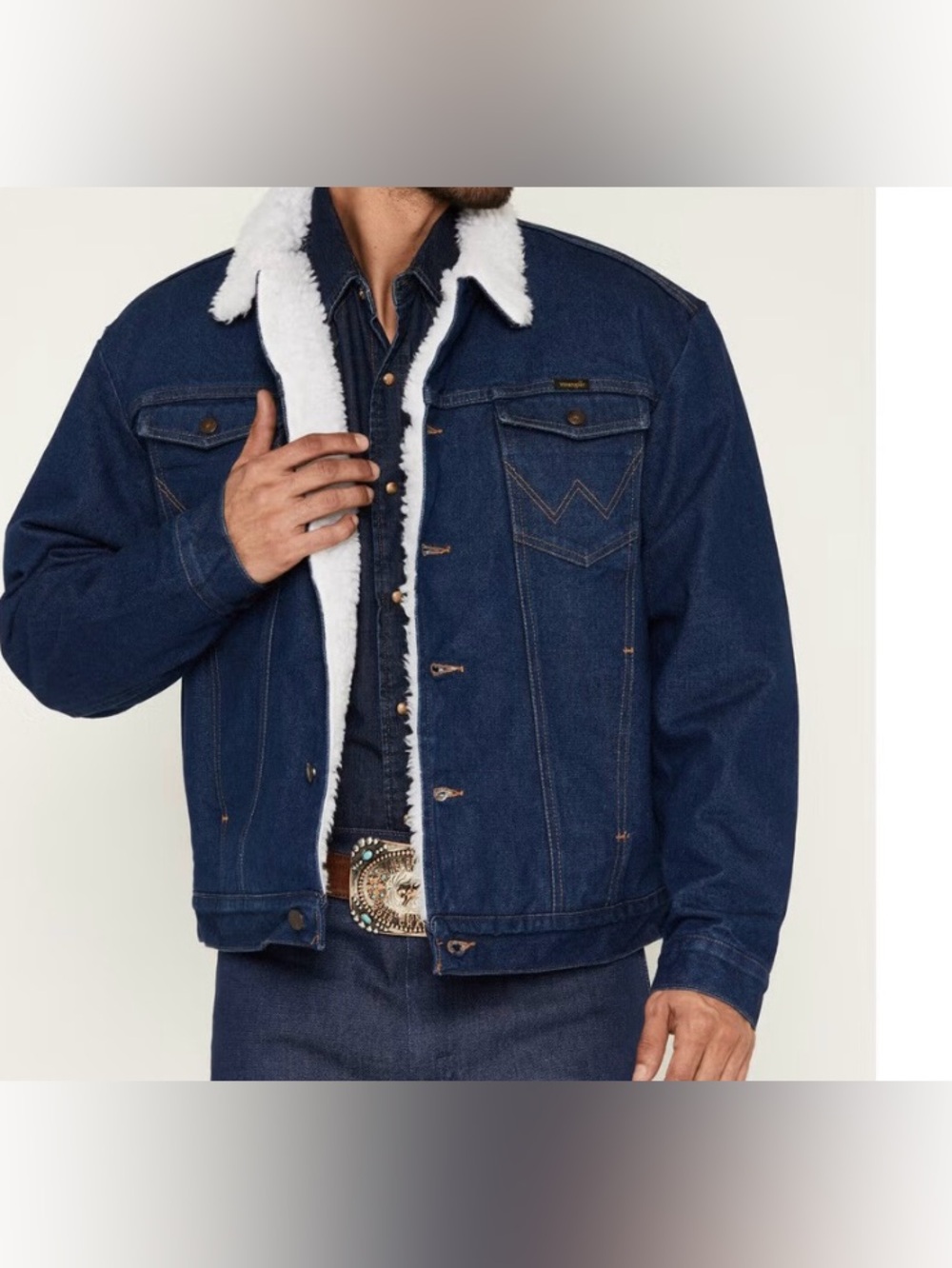 Wrangler Men's Sherpa Lined Denim Jacket, Dark Wash, Button-Up, Size Small